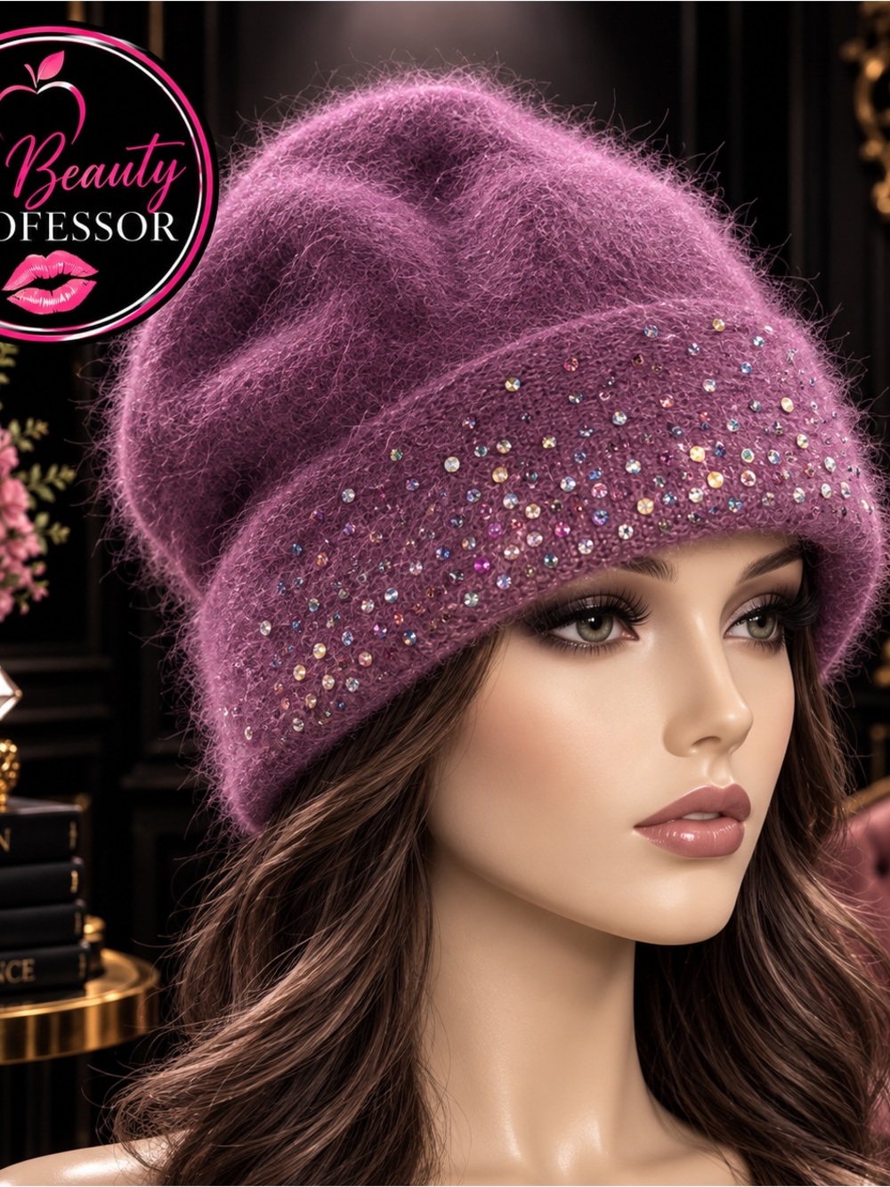 💕Purple Fuzzy Jeweled Rhinestone Slouchy Winter Beanie Hat
